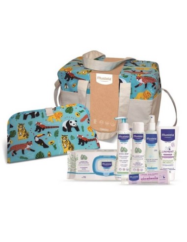 Bolso cambiador mustela con 6 artículos ideal para el cuidado del bebé